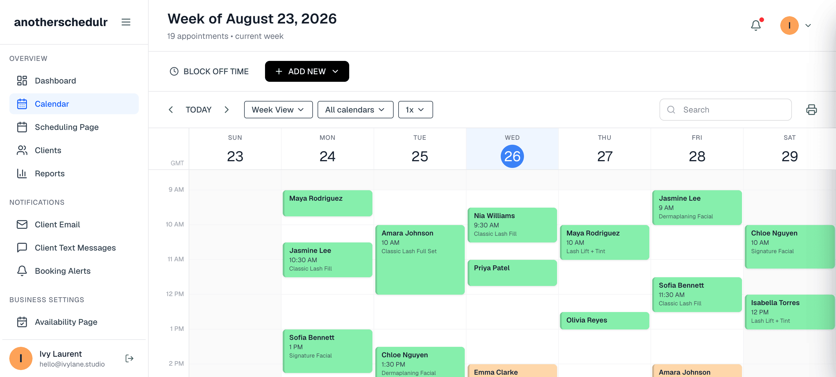 The anotherschedulr dashboard calendar showing a full week of booked lash, brow, and facial appointments